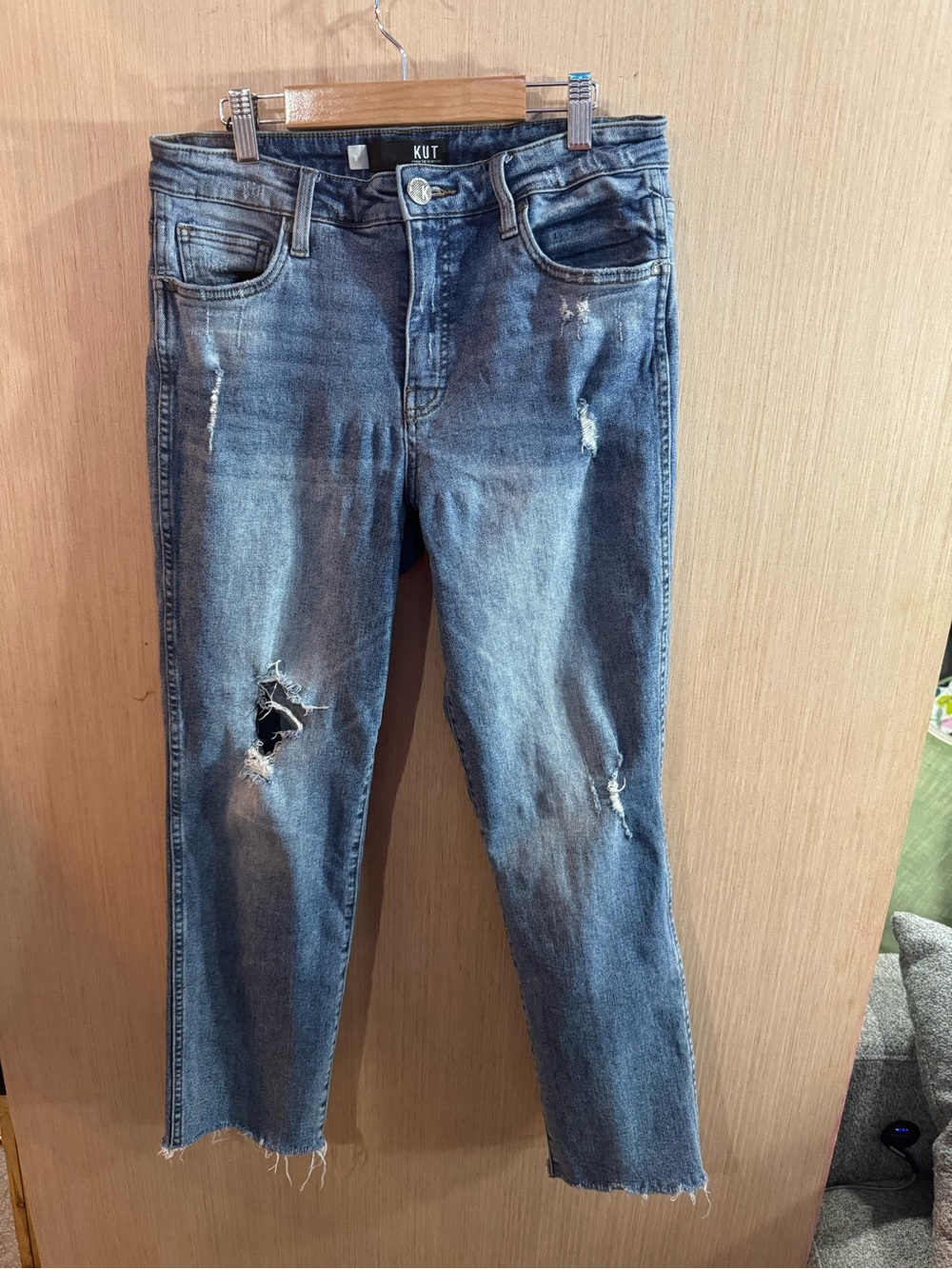 Kut from the Kloth High Rise Distressed Straight Leg Jeans - Blue Denim Size 8